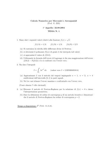Calcolo Numerico per Meccanici e Aerospaziali (Prof. G. Zilli) 4o ...