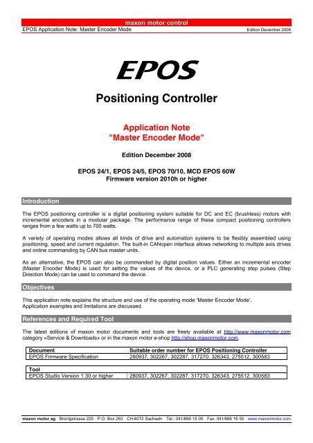 EPOS Application Note: Master Encoder Mode - Maxon Motor ag