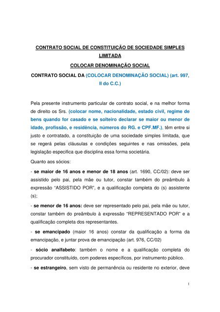 Contrato Social de ConstituiÃ§Ã£o de Sociedade Simples Limitada