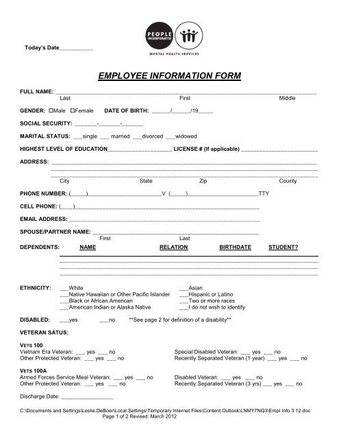 EMPLOYEE INFORMATION FORM People Incorporated