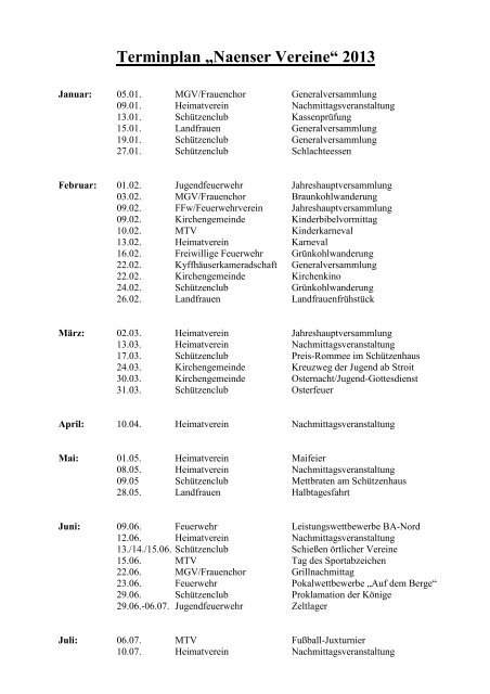 Termine Vereine 2013 - Arcor.de