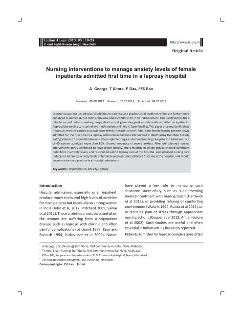 Nursing interventions to manage anxiety levels of female inpatients ...