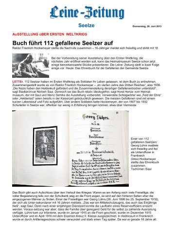 Buch führt 112 gefallene Seelzer auf - Heimatmuseum Seelze