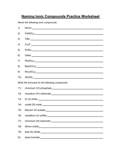 Naming Ionic Compounds Practice Worksheet - Solutions