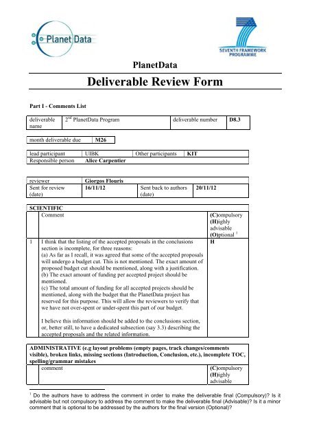 Deliverable Review Form - WIKI - PlanetData