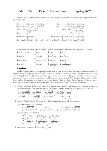 Math 230 Exam 2 Review Sheet Spring 2007