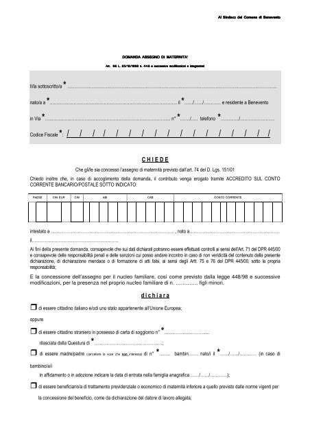 Domanda assegno maternitÃ - Comune di Benevento