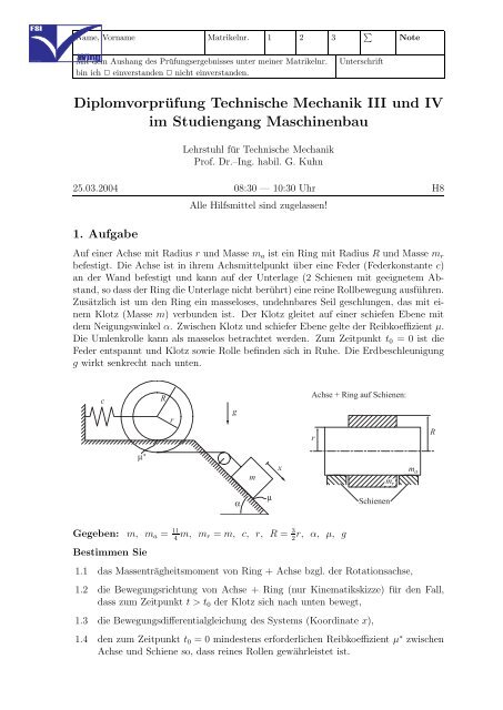 Diplomvorprüfung Technische Mechanik III und IV im ... - FSI WIng