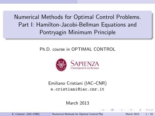 Numerical Methods for Optimal Control Problems. Part I ... - Cnr