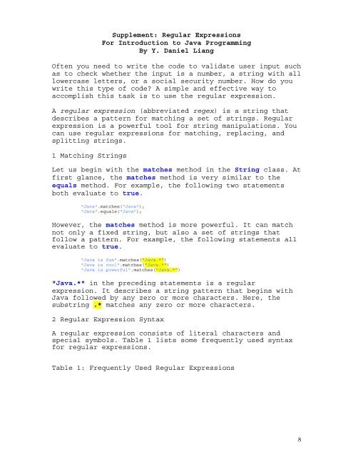 Supplement: Regular Expressions For Introduction to Java ...