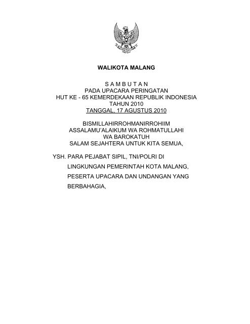 Walikota Malang Sambutan Pada Upacara Peringatan Hut Ke 65