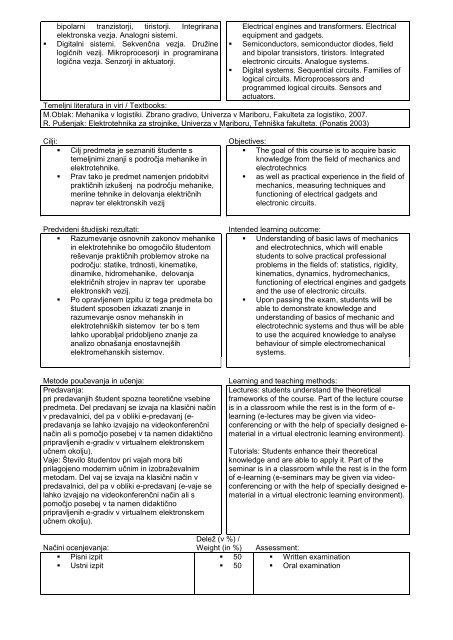 Subject specification - Fakulteta za logistiko - Univerza v Mariboru