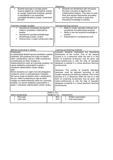 Subject specification - Fakulteta za logistiko - Univerza v Mariboru