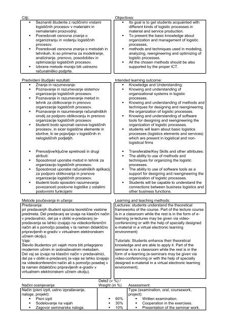 Subject specification - Fakulteta za logistiko - Univerza v Mariboru