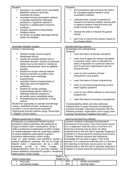 Subject specification - Fakulteta za logistiko - Univerza v Mariboru