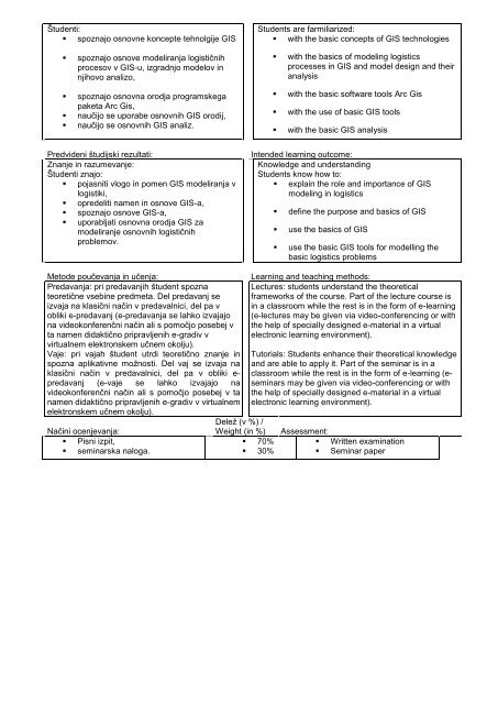 Subject specification - Fakulteta za logistiko - Univerza v Mariboru