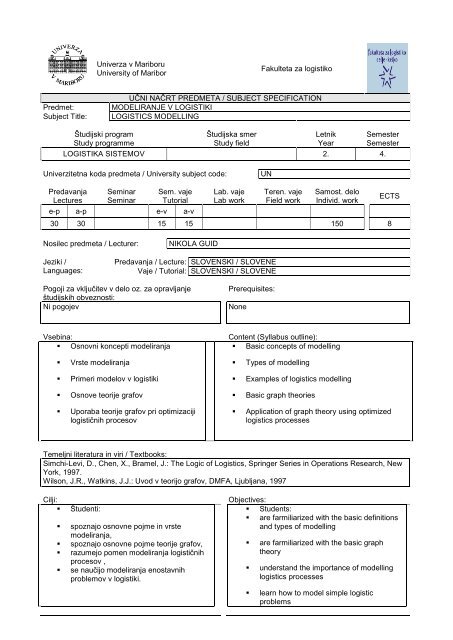 Subject specification - Fakulteta za logistiko - Univerza v Mariboru