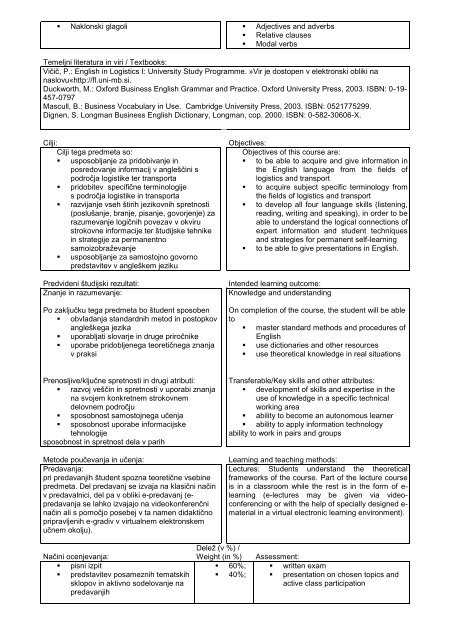 Subject specification - Fakulteta za logistiko - Univerza v Mariboru