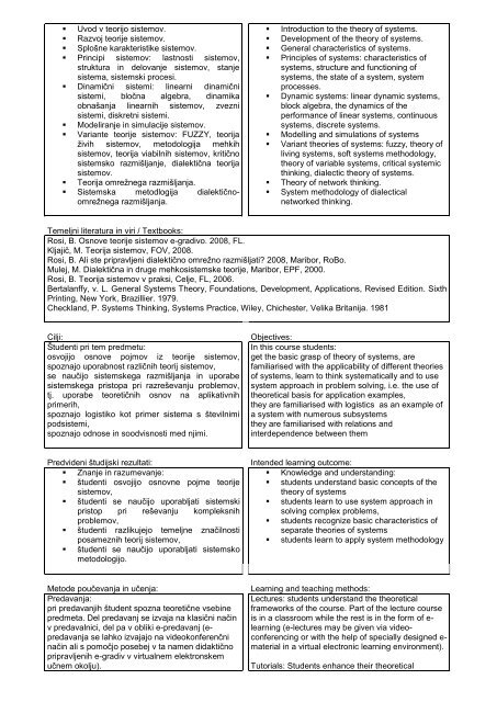 Subject specification - Fakulteta za logistiko - Univerza v Mariboru