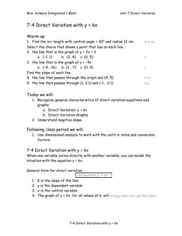 7-4 Direct Variation with y = kx notes