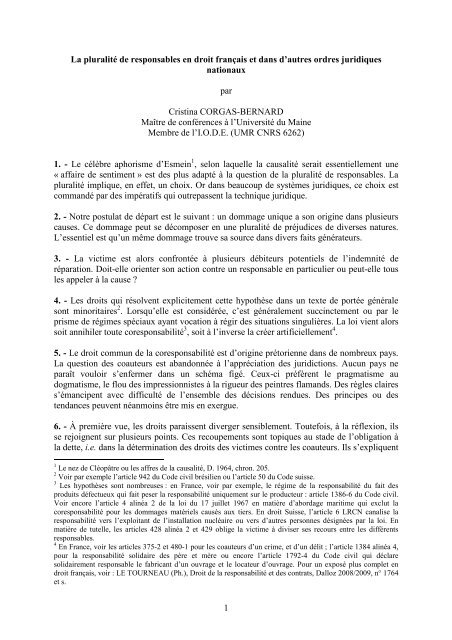 1 La pluralitÃ© de responsables en droit franÃ§ais et dans d ... - Grerca