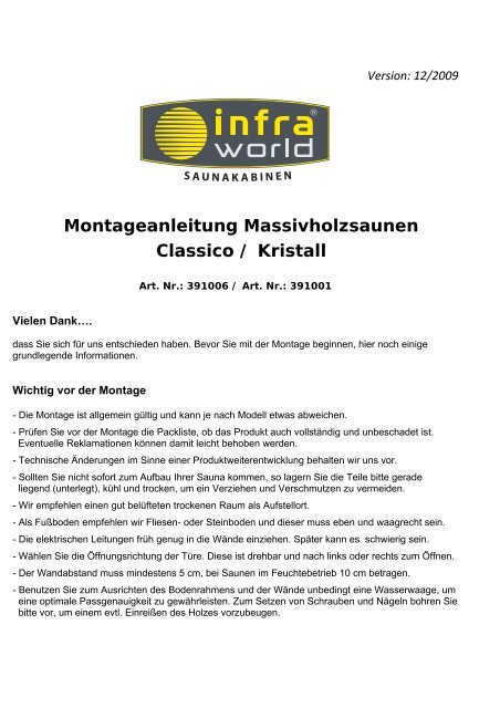 Montageanleitung Massivholzsaunen Classico / Kristall