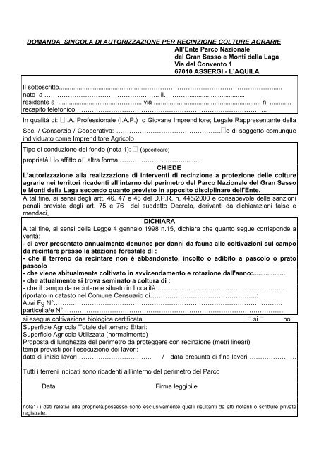 SCHEMA DOMANDA Allegato A - Parco Nazionale del Gran Sasso ...