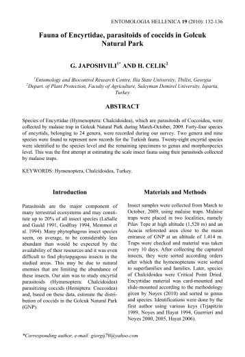 JAPOSHVILI G. AND H. CELIK. Fauna of Encyrtidae, parasitoids of ...