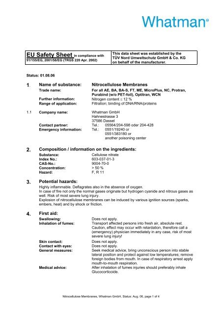 MSDS Nitrocellulose Membranes