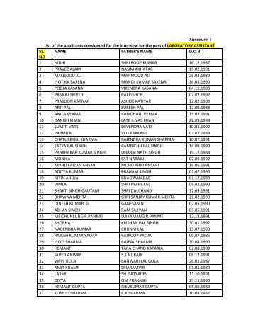 List of ELIGIBLE CANDIDATES for LABORATORY ASSISTANT