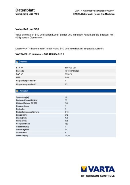 Datenblatt - VARTA Automotive PartnerNet