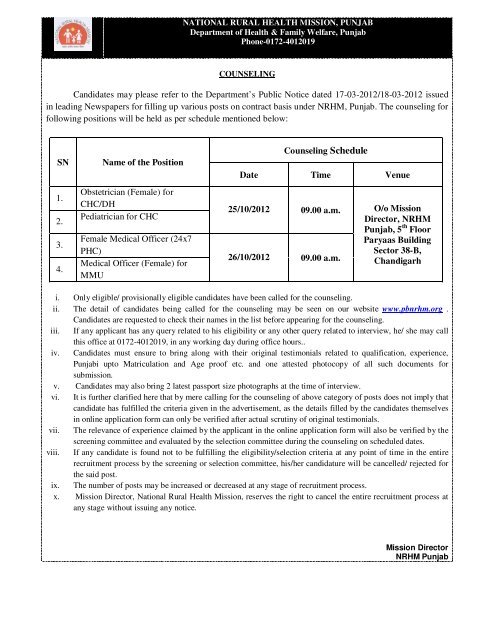Counselling Schedule & List of Eligible Candidates for Counselling ...