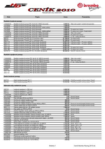 Ceník Brembo Racing 2010