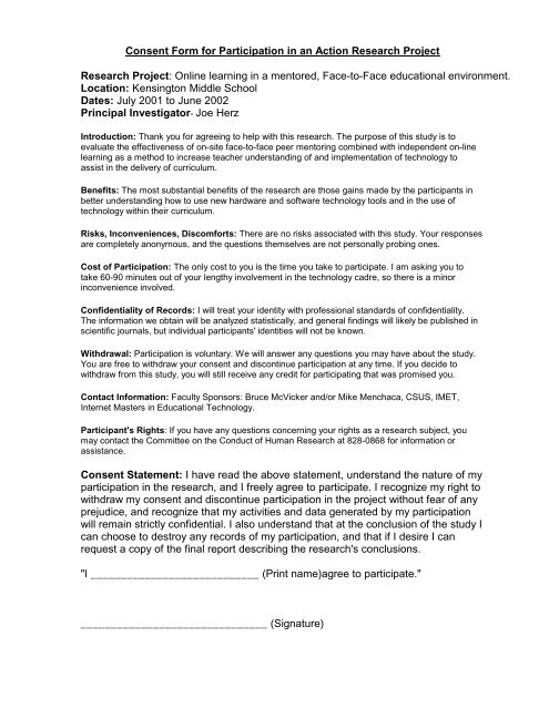 Consent Form for Participation in an Action Research Project - iMET