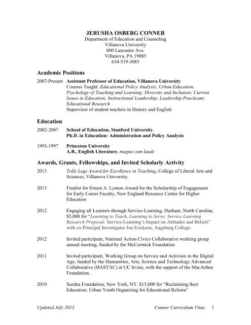 Please Click Here For Dr Jerusha Conner S Cv Villanova University