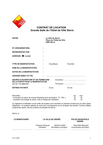 CONTRAT DE LOCATION Grande Salle de l'HÃ´tel de Ville Sierre