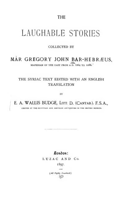 The laughable stories collected by MÃ¢r Gregory John Bar HebrÃ¦