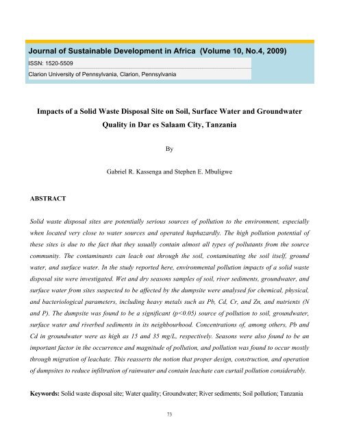Impacts of a Solid Waste Disposal Site on Soil, Surface Water and ...