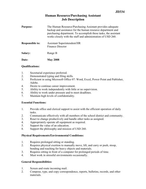 Jd334 Human Resource Purchasing Assistant Job Description