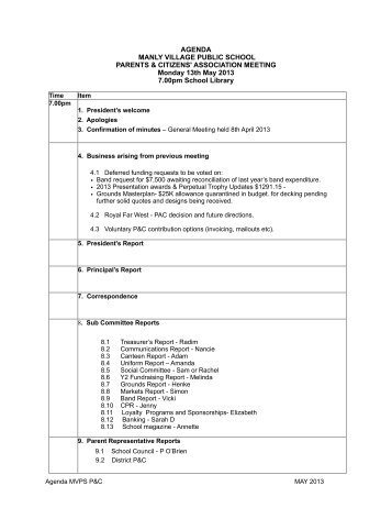 Meeting Agenda â 13 May 2013 - Manly Village Public School P&C