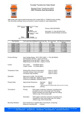 Toroidal Transformer Data Sheet - Nuvotem Talema