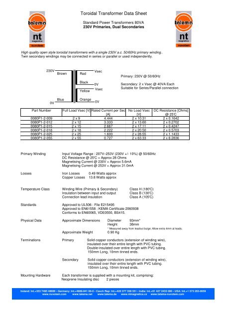 Toroidal Transformer Data Sheet - Nuvotem Talema