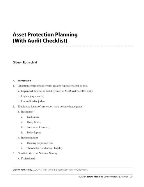 Asset Protection Planning (With Audit Checklist) - Moses &amp