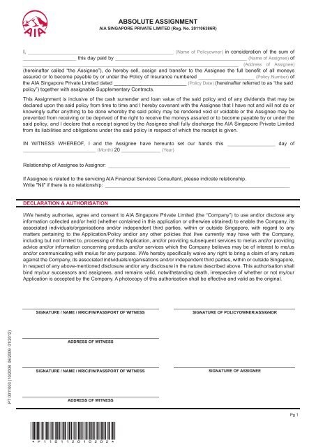 Country Financial Absolute Assignment Forms.pdf PD_PT 0011003 Absolute Assignment - AIA Singapore
