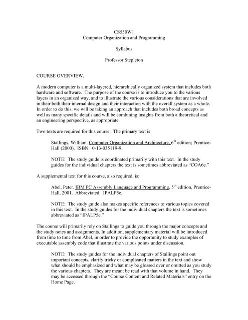 CS550W1 Computer Organization and Programming Syllabus ...