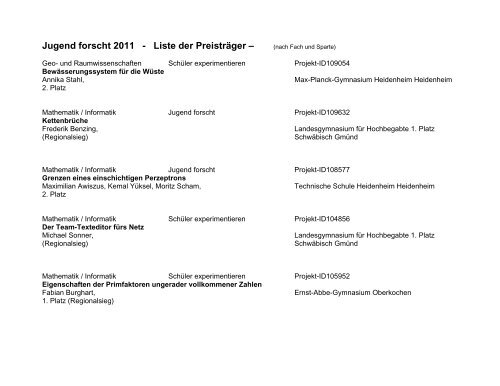 Jugend forscht 2011 - Liste der PreistrÃƒÂ¤ger Ã¢Â€Â“