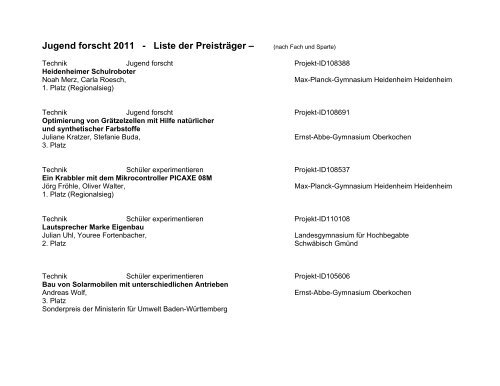 Jugend forscht 2011 - Liste der PreistrÃƒÂ¤ger Ã¢Â€Â“