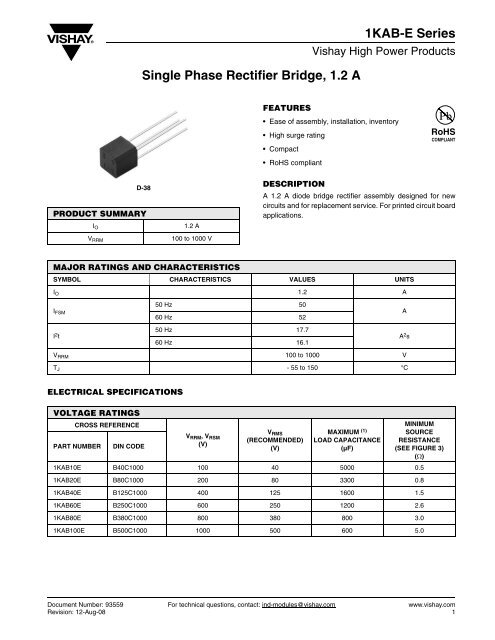 Single Phase Rectifier Bridge, 1.2 A 1KAB-E Series
