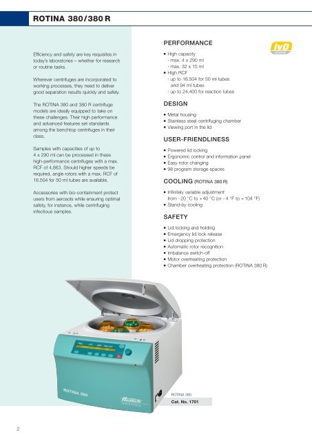 Download Rotina 380 PDF Datasheet - Hettich Centrifuges UK