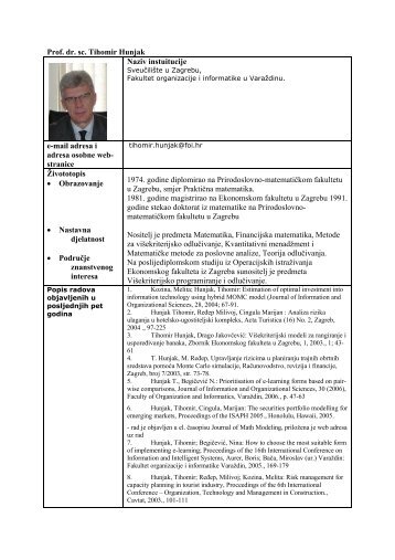 Prof. dr. sc. Tihomir Hunjak Naziv instuitucije e-mail adresa i adresa ...